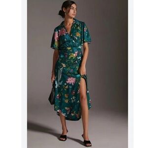 Anthropologie Maeve Green Floral & Bird Print Button-Front Midi Dress Wrap